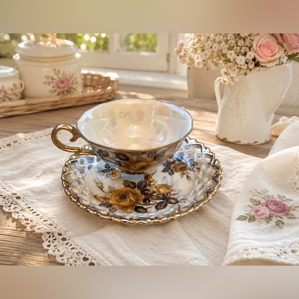 Royal Sealy Japan *Opalescent* Yellow Rose TeaCup & Saucer Open Edge Heavy Gold